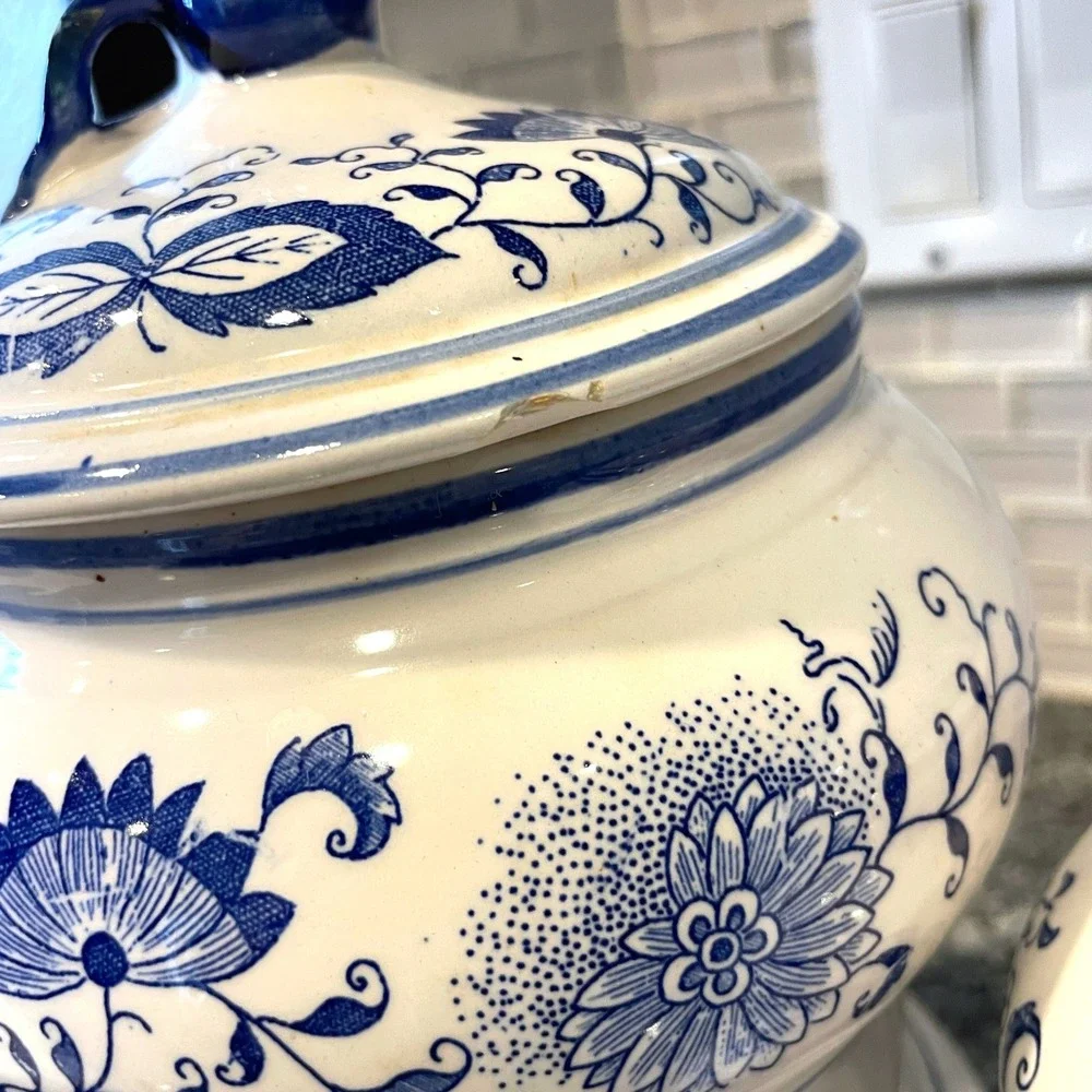 Vintage Blue White Onion Pattern Ceramic Canister Set Flour Sugar Coffee Tea